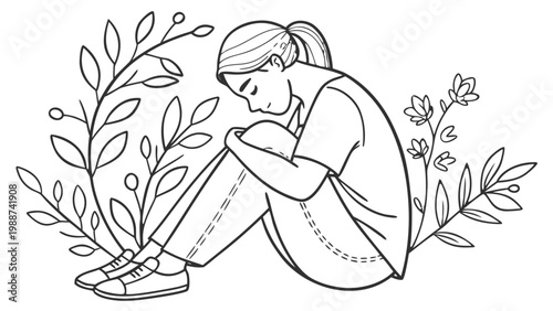 Sad Woman Line Art with Floral Elements Emotional Mental Health Minimal Illustration