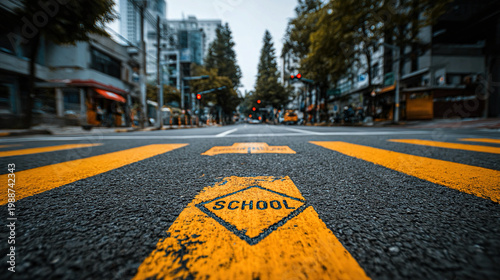 Urban street with school zone sign, clear markings, and pedestrian crossing, emphasizing student safety, educational traffic awareness, and organized city environment concept.
