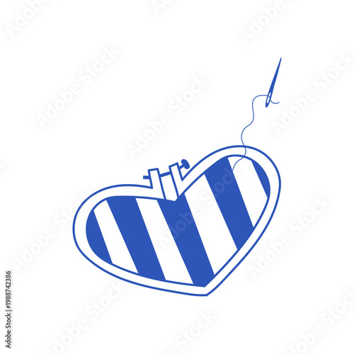 Blue illustration of embroidery hoop and needle with thread. Sewing and needlework icon