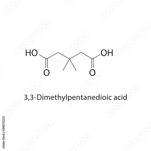3,3-Dimethylpentanedioic acid skeletal structure. carboxylic acid compound schematic illustration. Simple diagram, chemical formula.