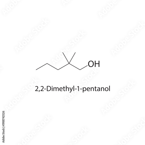 2,2-Dimethyl-1-pentanol skeletal structure. alcohol compound schematic illustration. Simple diagram, chemical formula.