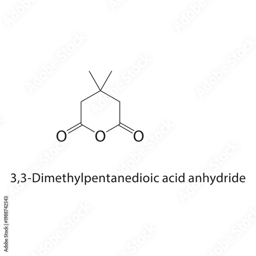 3,3-Dimethylpentanedioic acid anhydride skeletal structure. anhydride compound schematic illustration. Simple diagram, chemical formula.