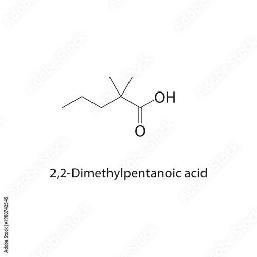 2,2-Dimethylpentanoic acid skeletal structure. carboxylic acid compound schematic illustration. Simple diagram, chemical formula.