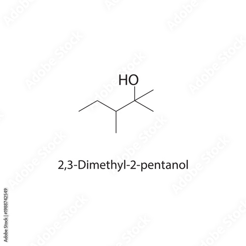 2,3-Dimethyl-2-pentanol skeletal structure. alcohol compound schematic illustration. Simple diagram, chemical formula.