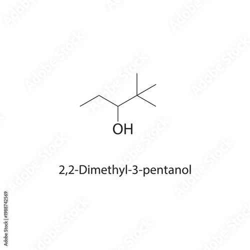 2,2-Dimethyl-3-pentanol skeletal structure. alcohol compound schematic illustration. Simple diagram, chemical formula.