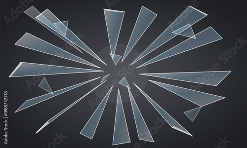 Shattered glass shards exploding from center, broken transparent glass fragments on dark background, sharp crystal splinters vector illustration