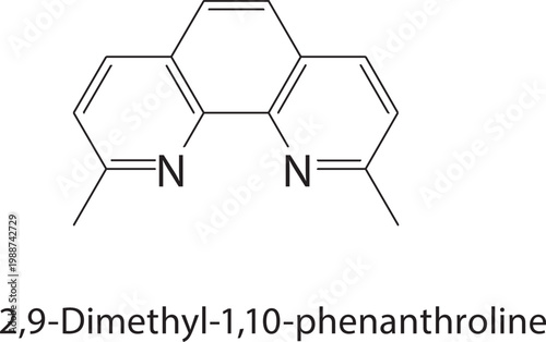 2,9-Dimethyl-1,10-phenanth roline skeletal structure. heterocycle compound schematic illustration. Simple diagram, chemical formula.