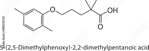 5-(2,5-Dimethylphenoxy)-2,2 dimethylpentanoic acid skeletal structure. carboxylic acid compound schematic illustration. Simple diagram, chemical formula.