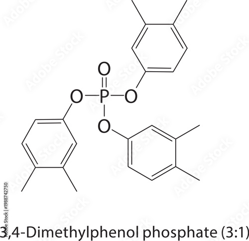 3,4-Dimethylphenol phosphate (3:1) skeletal structure. phosphate compound schematic illustration. Simple diagram, chemical formula.