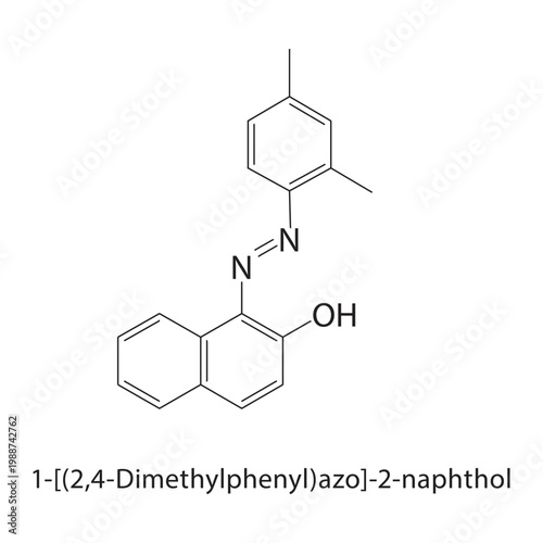 1-[(2,4-Dimethylphenyl) azo] 2-naphthol skeletal structure. azo compound compound schematic illustration. Simple diagram, chemical formula.