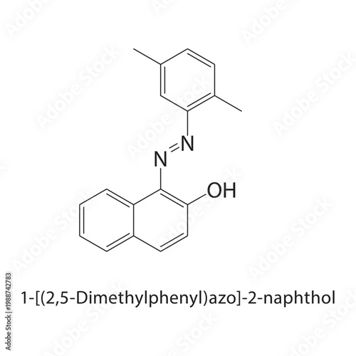 1-[(2,5-Dimethylphenyl) azo] 2-naphthol skeletal structure. azo compound compound schematic illustration. Simple diagram, chemical formula.