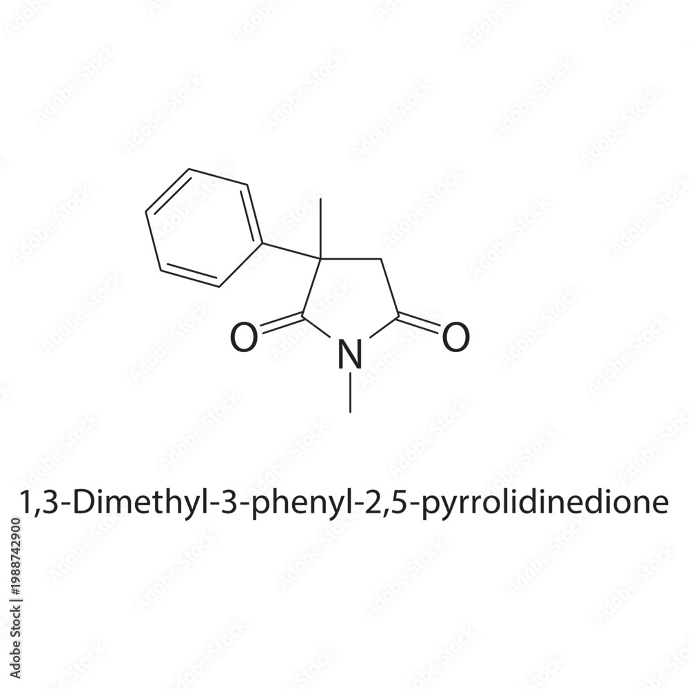 Fototapeta premium 1,3-Dimethyl-3-phenyl-2,5 pyrrolidinedione skeletal structure. imide compound schematic illustration. Simple diagram, chemical formula.