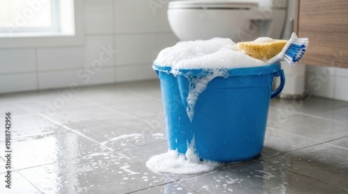 A bright cleaning bucket filled with thick white foam and soapy water, bubbles overflowing gently over the rim, sponge and cleaning brush resting on the edge, clean tiled floor