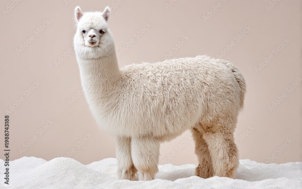 Fototapeta premium Alpaca Standing on Soft Surface Filled with Ivory Granules in Neutral Background