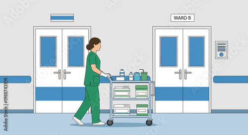 Nurse pushing medical cart in hospital corridor with ward doors