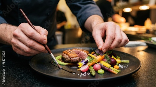 Chef's hands finishing a sophisticated plate with careful brush strokes of glossy sauce, seasonal vegetables arranged in geometric patterns, sprinkled sea salt crystals and fresh