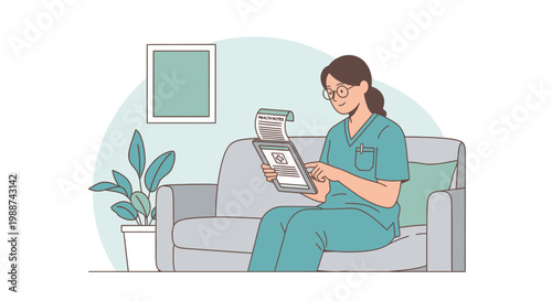 Nurse Reading Medical Document on Sofa at Home