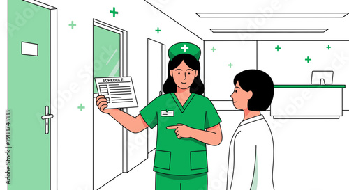 Nurse showing schedule to patient in hospital corridor