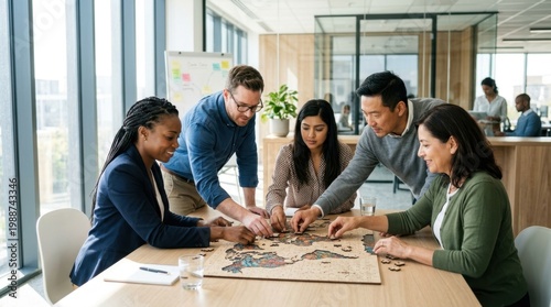 Five diverse professionals assembling a wooden puzzle together around a bright conference table, each person focused on placing individual pieces, hands reaching toward the center