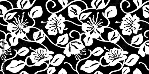 Seamless monochrome pattern with hand drawn abstract flowers and leaves vine. Artistic black and white brush strokes trailing floral design