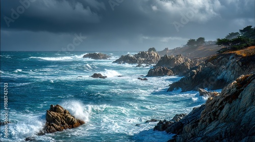 Dramatic coastal scene with immense waves impacting a dark, craggy shoreline.
