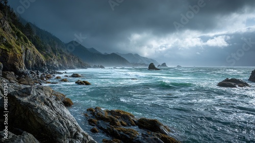Dramatic coastal scene with immense waves impacting a dark, craggy shoreline.