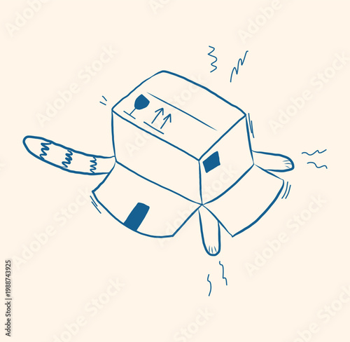 Funny Vector Illustration of a Cute Striped Cat Hiding and Playing Inside a Cardboard Box, Delivery and Moving Concept, Hand Drawn Line Art Style