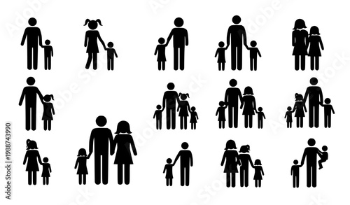 Family parent child silhouette vector set black white social illustration
