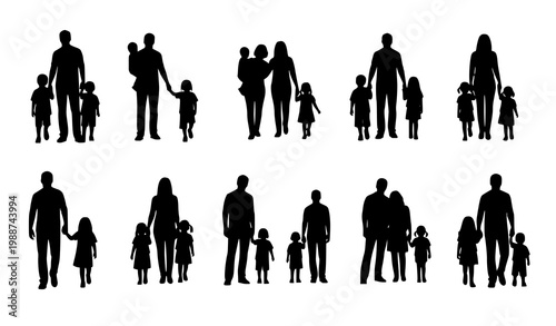 Black family silhouette vector set parent child relationships 12 poses