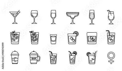 Cocktail drinks 15 icon set martini wine champagne bar outline vector