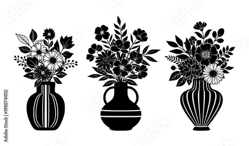 Black white vase floral silhouette vector set decorative flower design
