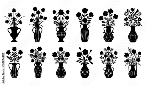 Vase with flowers silhouette vector set black white floral arrangement