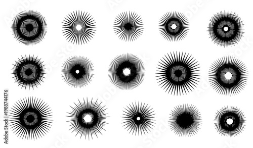 Concentric starburst geometric vector set black abstract radial pattern