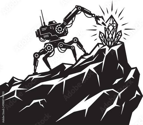 Robot harvester mines crystals on asteroid silhouette