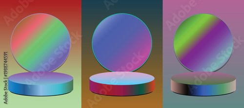 Abstract geometric circle podiums with gradient lighting on colorful backgrounds, modern digital art with abstract shapes and light effects