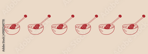 Red line art Honey dipper and bowl vector border. Hand drawn sketch of honey pots with wooden sticks. Horizontal organic food decoration.