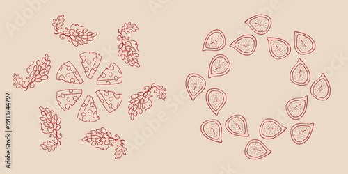 Hand drawn Food Wreath vector line art collection with cheese slices, grape bunches and fresh fig halves. Organic food elements for wine party and menu design.