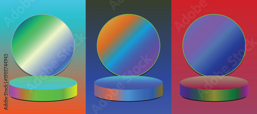 Abstract vibrant 3D spheres on platforms with gradient backgrounds, showcasing a spectrum of colors and reflective surfaces in a modern digital art style