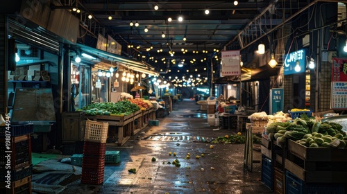 Nighttime market captured with Canon EOS R5 featuring crates and glowing lights