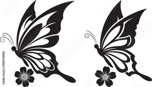 Two decorative black butterflies with floral accents suitable for elegant design elements butterfly decoration silhouette illustration graceful