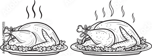 Two steaming roasted chickens on platters with garnish vector illustration roast chicken line art black and white food preparation steaming