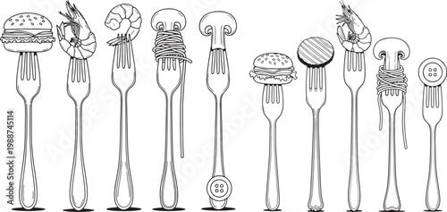 Vector illustrations of various food items on forks with illustration hamburger mushroom appetizer restaurant delicious appetizing creative