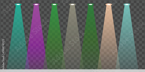 Collection of multicolored spotlights projecting light beams on a transparent background, creating a vibrant lighting effect for events and performances