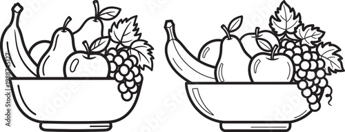 Two fruit bowls filled with bananas apples pears grapes vector illustration line art black and white still life vitamins nutrition collection