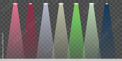 Collection of spotlights in various colors creating dramatic lighting effects on a transparent background, ideal for stage or event design
