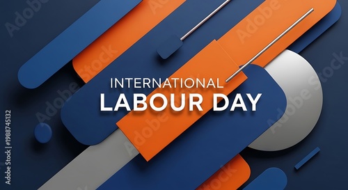 International labour day celebration graphic with colorful text and icons on a dark blue background