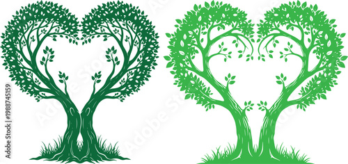 Two heart-shaped trees with dense foliage and grass bases vector illustration line art valentines day relationship branches environment