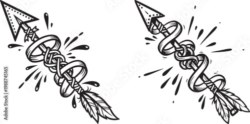 Two vintage arrow designs with ribbon elements and radiating lines illustration abstract decoration template stylized navigation adventure