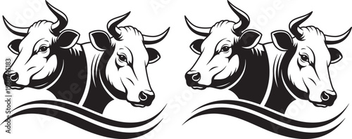 Two stylized illustrations of bull heads with curved horns and wavy lines below illustration stylized livestock agriculture outdoors wildlife