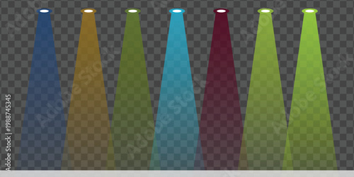 Spotlight beams in multiple colors illuminating a transparent background, creating a vibrant and dynamic lighting effect for presentations or design projects